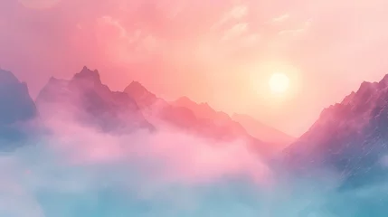 Foto op Plexiglas misty sunrise silhouette over a mountain range, pastel colours © Mizangraphics2046