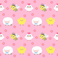 Hello spring animals seamless pattern cute sheep chick bee floral hand drawn background vector illustration
