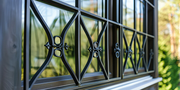 Elegant Wrought Iron Window Grill. Close-up of ornate wrought iron window grill. Decorative and protective wrought iron grids.