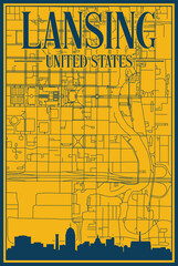 Yellow and blue hand-drawn framed poster of the downtown LANSING, UNITED STATES OF AMERICA with highlighted vintage city skyline and lettering