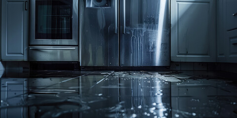 Leaking Refrigerator in Modern Kitchen. Puddle of water under refrigerator indicating a leak, water on floor. Kitchen appliance breakdown.