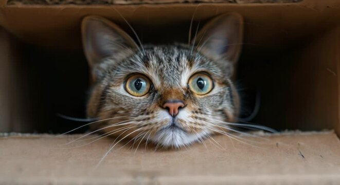 Cat hiding in a cardboard box, fortress of solitude