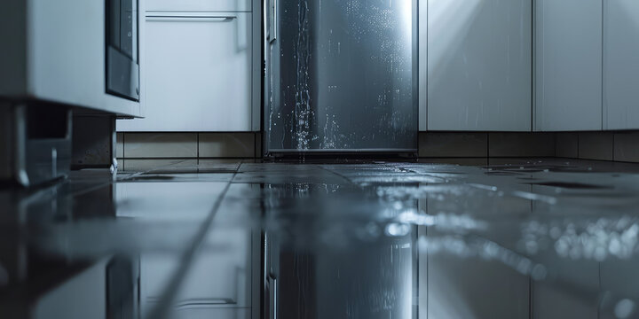 Leaking Refrigerator in Modern Kitchen. Puddle of water under refrigerator indicating a leak, water on floor. Kitchen appliance breakdown.