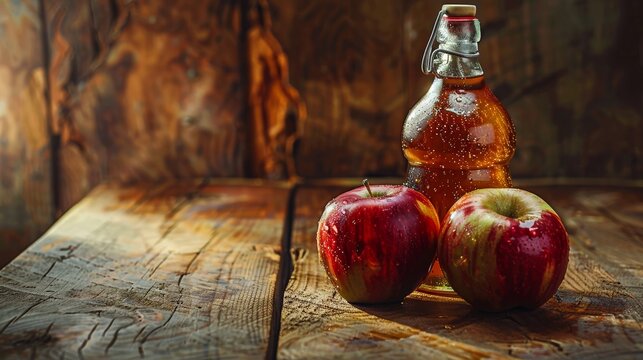 A refreshing image capturing two apples beside a bottle of apple cider on a rustic wooden table