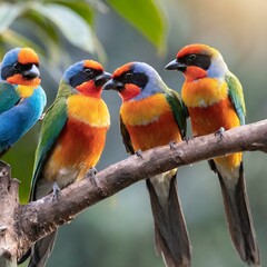 A group of colorful tropical birds perched on a tree branch, chirping and preening in the morning light