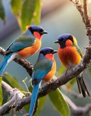 A group of colorful tropical birds perched on a tree branch, chirping and preening in the morning light
