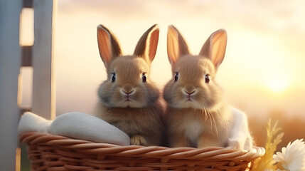 cute fluffy happiness little bunnies  sitting with natural beauty Easter day background