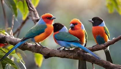 A group of colorful tropical birds perched on a tree branch, chirping and preening in the morning light - obrazy, fototapety, plakaty
