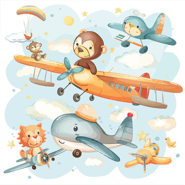 Airplane Baby Animals Clipart Clipart isolated on white background 