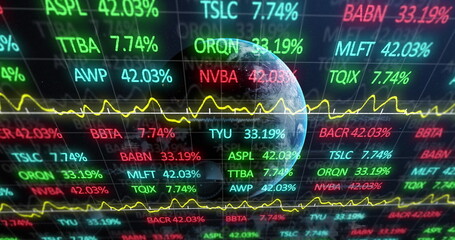 Image of financial data processing and globe on black background
