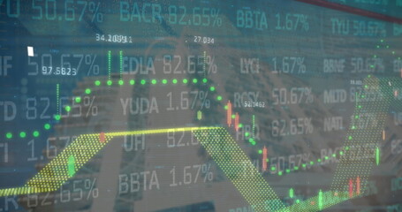 Image of financial data processing and statistics on black background