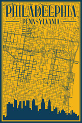 Yellow and blue hand-drawn framed poster of the downtown PHILADELPHIA, UNITED STATES OF AMERICA with highlighted vintage city skyline and lettering