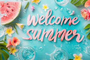 welcome summer text surrounded by a summer flowers, watermelon slice, water splash on a pastel blue and pink background