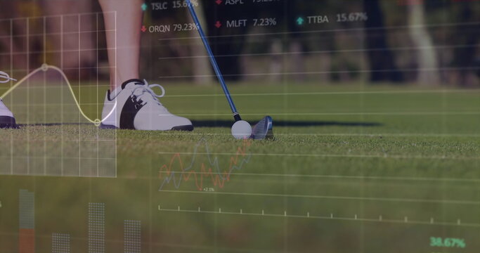 Image of data processing over female golf player on golf course