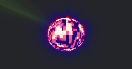 Image of spinning mirror ball and blue neon light trails on black background