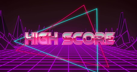 Image of high score text over colourful grid and digital terrain