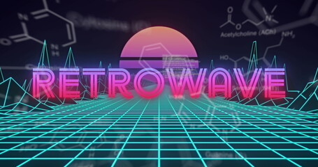 Image of retrowave text over grid graphs and statistics and digital terrain