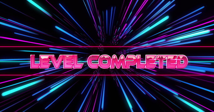 Image of level completed over pink and blue neon light trails