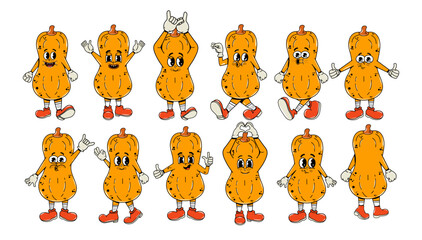 Set of pumpkins in different poses with arms and legs in groovy style. Vector illustration. y2k hippie character. Sticker pack. Hands. Collection of psychedelic characters.60s, 70s. Retro. Isolated