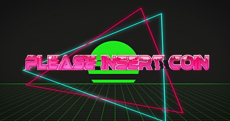 Image of please insert coin text over digital sunset