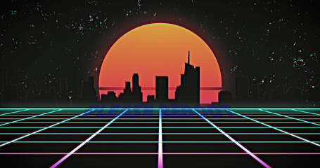Image of please reboot text over a grid and digital sunset