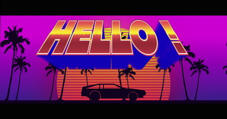 Image of hello text over car riding on digital sunset