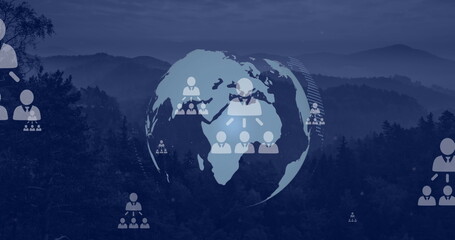 Composition of people icons over globe and landscape © vectorfusionart