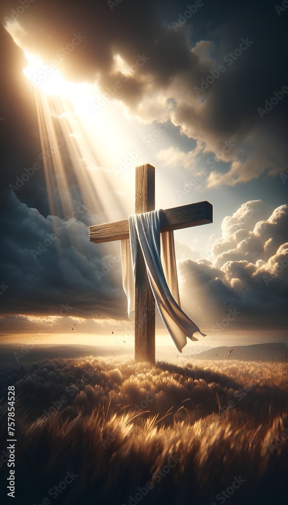 Wall mural Realistic illustration of a wooden cross with a white cloth draped over it. - Wall murals