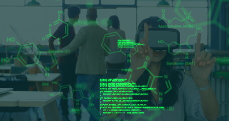 Image of scientific data over caucasian woman wearing vr headset in office