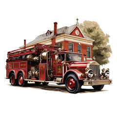 Antique fire truck parked outside a house