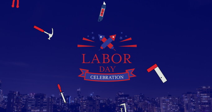 Image of labor day celebration text over cityscape
