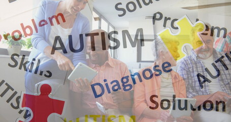 Image of colourful puzzle pieces and autism text over senior friends using electronic devices