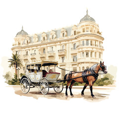 Antique horse-drawn carriage in front of a grand hote