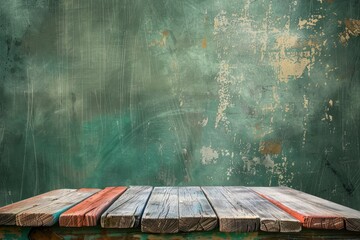 Wooden deck table on green grunge background - generative ai