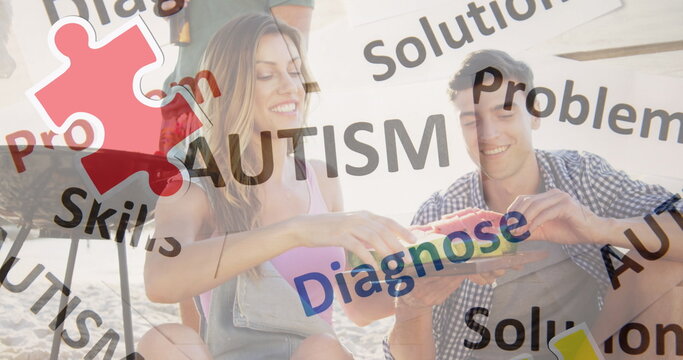 Image of colourful puzzle pieces and autism text over happy friends at summer beach party