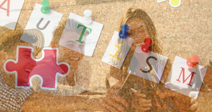 Image of colourful puzzle pieces and autism text over happy friends at summer beach party