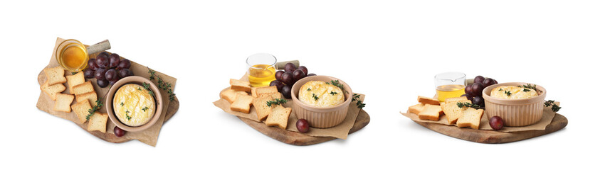 Set of delicious baked camemberts with sides isolated on white