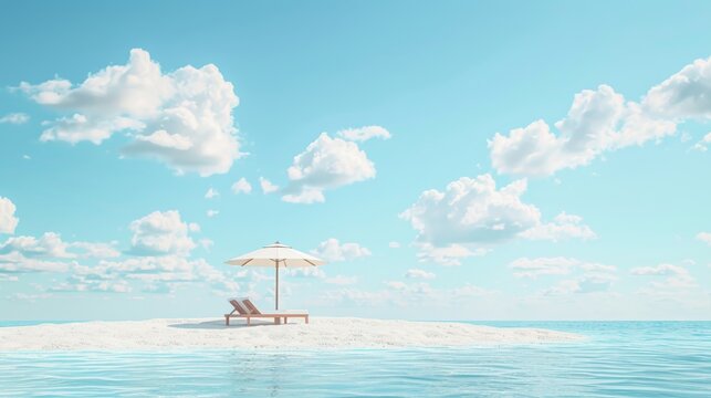 A tranquil beach scene with a pair of loungers and a sunshade on a peaceful white sandbar under a clear blue sky