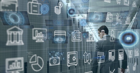 Image of digital icons and data processing over caucasian male engineer walking in server room