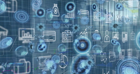 Image of digital icons and multiple round scanners against computer server room