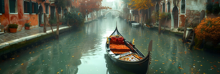 Venetian Gondola Moored on a Canal Venice UNESCO,
a gondolier gracefully navigating a canal - obrazy, fototapety, plakaty