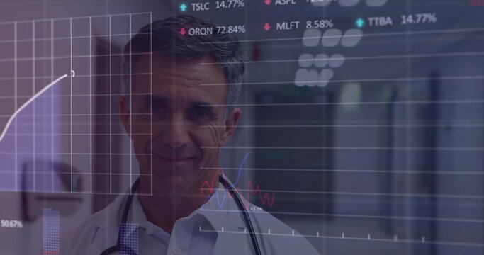 Image of financial data and graphs over happy caucasian senior male doctor - Powered by Adobe