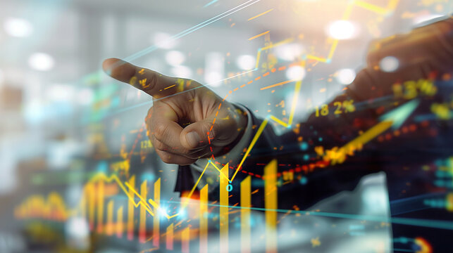 Businessman finger pointing at stock market, financial candle light chart with dotted light abstract background
