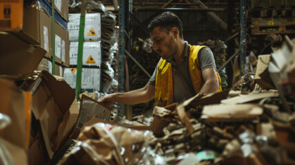 Fototapeta na wymiar Focused worker in a vest sifting through packages in a busy warehouse.