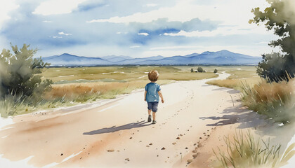 Watercolor illustration of a young child walking alone behind