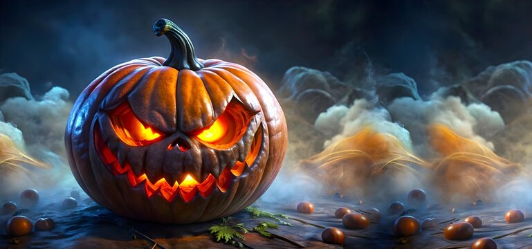 A monster Halloween pumpkin with a dark smoky horror background