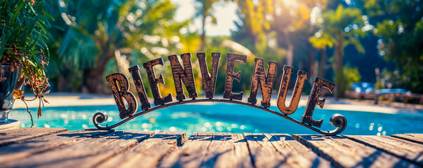 mot " Bienvenue " écrit en lettre de bois placé devant une piscine