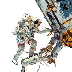 Astronauts on a spacewalk installing