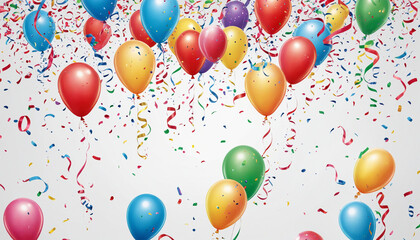 Colorful balloons, confetti and streamers on white background