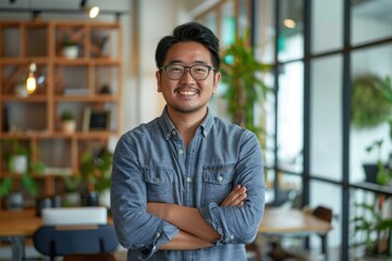 Portrait of successful programmer in modern office of development company, asian man with crossed arms smiling and looking at camera, Generative AI